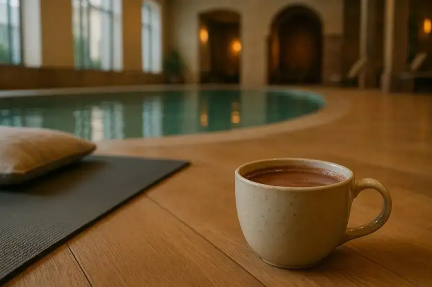 Holztablett mit einer heißen Keramiktasse Kakao vor unscharfem Wellness-Hintergrund mit warmem Licht und Wasserreflexionen.