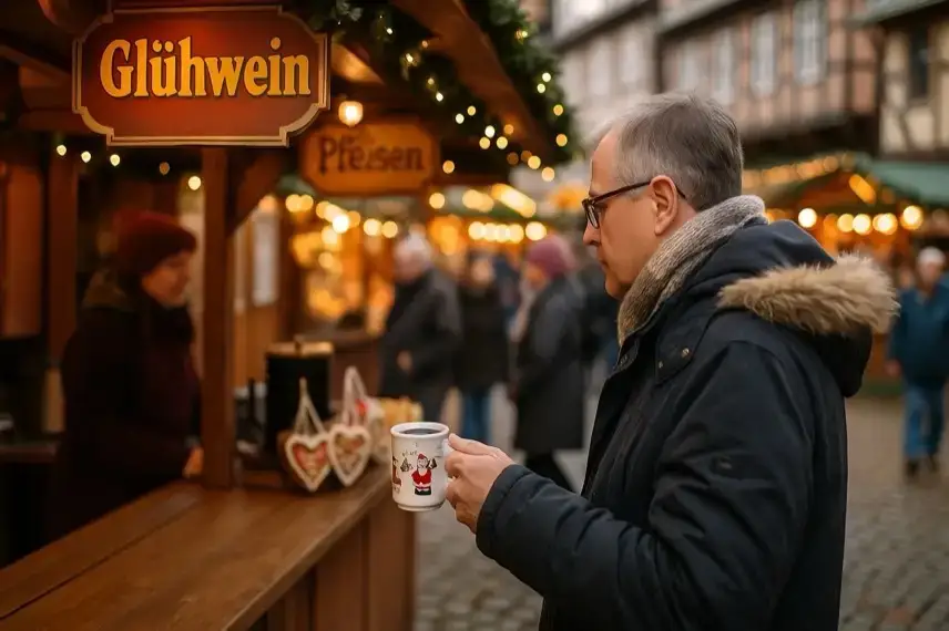 Detailaufnahme eines hell beleuchteten Glühweinstands mit Tannenzweigen, Lichtern und Holzdeko ohne erkennbare Personen.