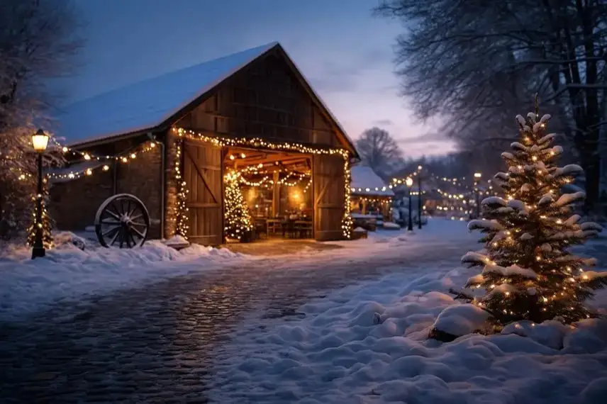 Winterliche Scheune bei Nacht mit warmem Licht aus einem Fenster, leichter Schneeschicht und ruhiger Hofszene ohne Menschen.