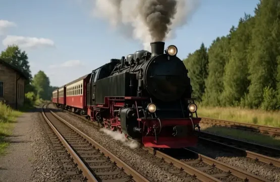 Historische Dampflok auf einem Bahnhofsgleis mit leichtem Dampf und scharf fokussierten Metalldetails, ohne Menschen oder erkennbare Logos.