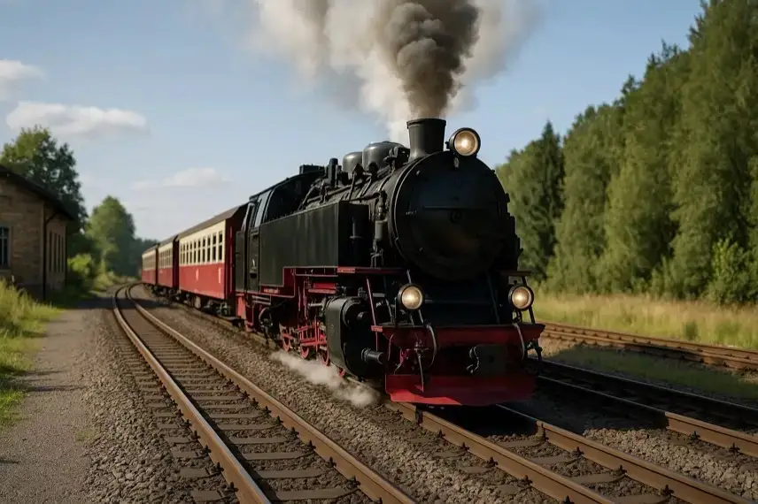 Historische Dampflok auf einem Bahnhofsgleis mit leichtem Dampf und scharf fokussierten Metalldetails, ohne Menschen oder erkennbare Logos.