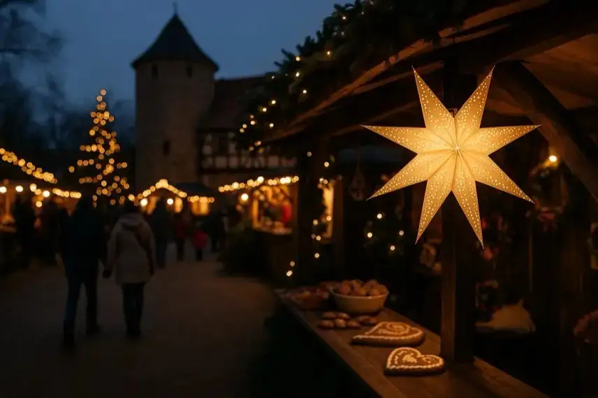 Beleuchtete Burgmauer bei Nacht mit warmen Lichterketten, klarer Tiefenschärfe und winterlicher Atmosphäre.