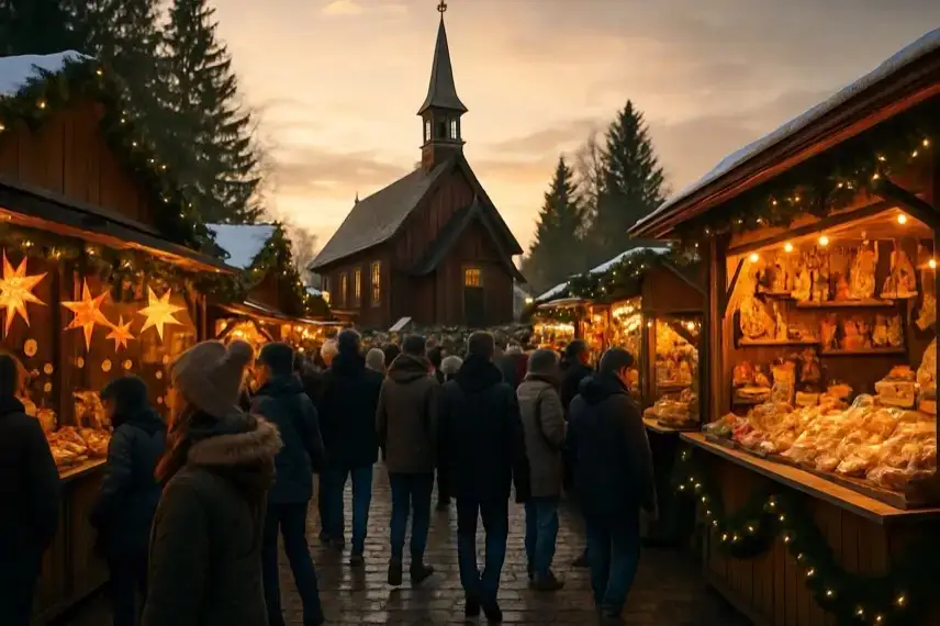 Winterliche Symbolszene mit einer beleuchteten Holzkirche, schneebedecktem Boden und warmen Lichtern in fotorealistischer Darstellung.