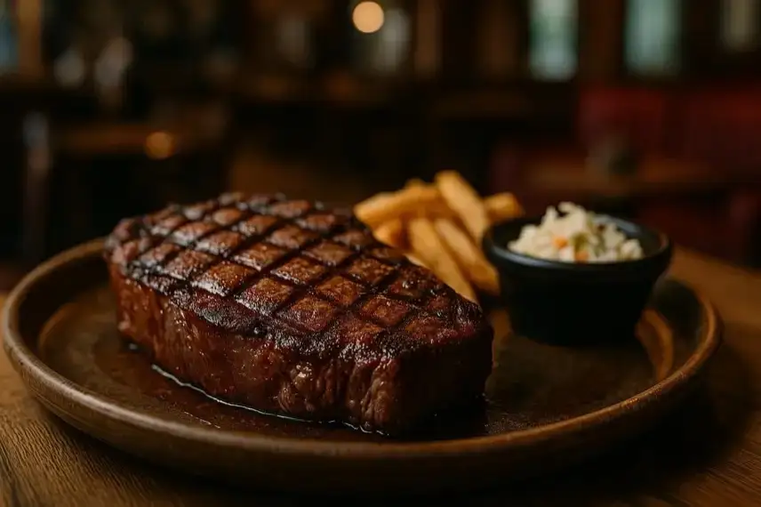 Moderne Edelstahlküche mit heißer Grillplatte, auf der ein Steak liegt; daneben Kräuter und leichte Rauchschwaden, ohne Menschen.