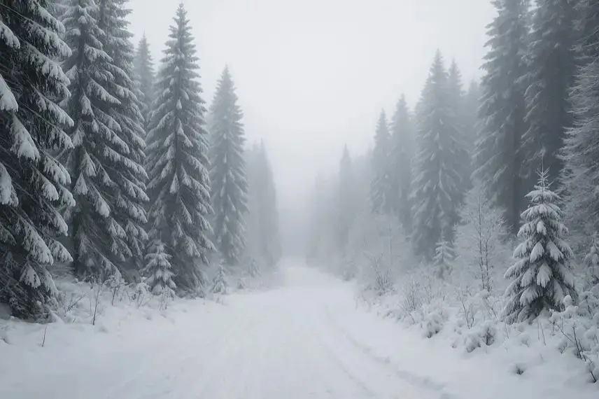 Verschneite Tannen vor einem Mittelgebirge bei weichem Morgenlicht, ohne Menschen oder Gebäude.