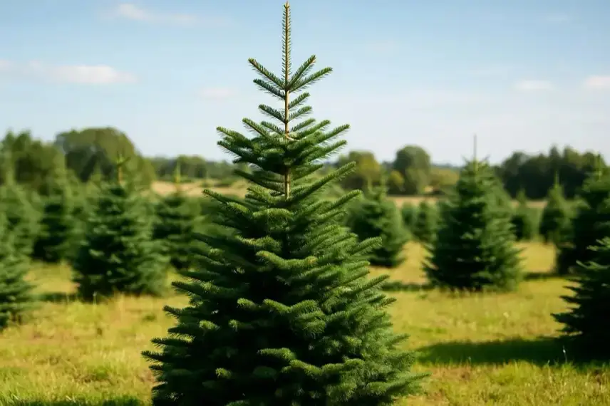 Winterlicher Tannenwald mit schneebedecktem Boden und natürlich gewachsenen Bäumen, hell ausgeleuchtet und ohne erkennbare Personen.