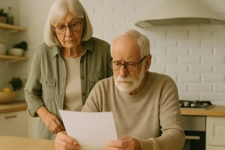 Älterer Mann sitzt in der Küche und liest ein Dokument, während eine ältere Frau hinter ihm steht und darauf schaut.