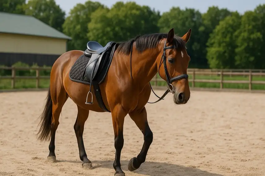 Holzzaun im Vordergrund, dahinter ein friedlich grasendes Pferd auf einer sonnigen Koppel, mit klarer Tiefenschärfe und natürlichem Licht.