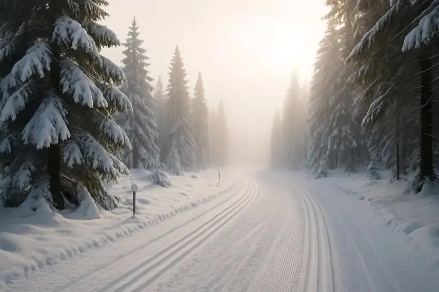 Schneebedeckte Skilanglaufspur in einem winterlichen Nadelwald bei weichem Sonnenlicht.