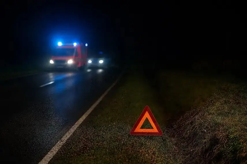 Nächtliche Landstraße im Harz mit unscharfem Blaulicht im Hintergrund und einem Warndreieck am Fahrbahnrand.
