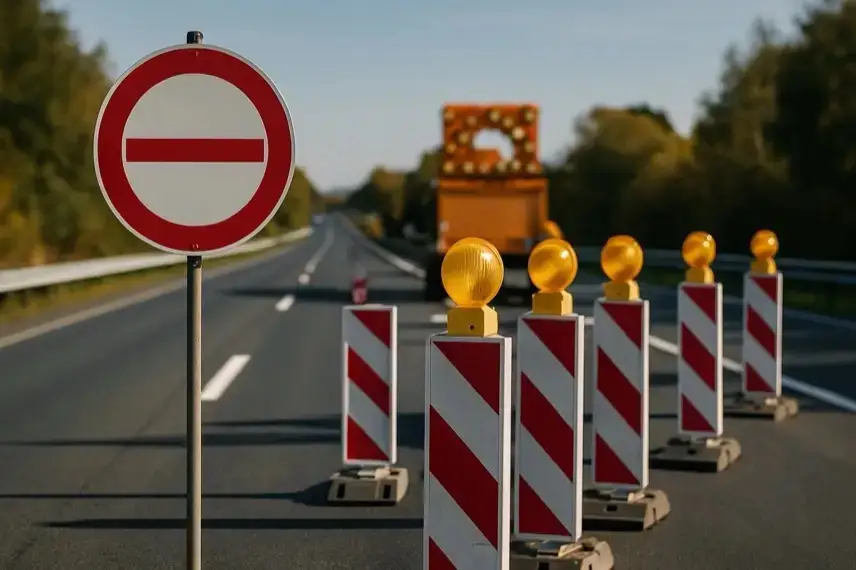 Leere Schnellstraße mit Absperrkegeln und Straßensperre bei hellem Tageslicht, ohne Menschen oder Fahrzeuge.