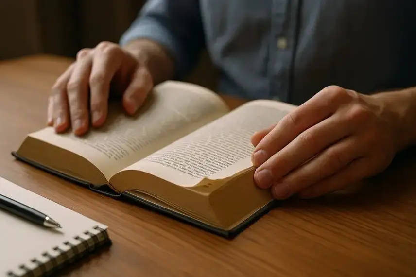 Offenes Buch auf einem Tisch, dahinter eine unscharfe Leseecke im warmen Licht.