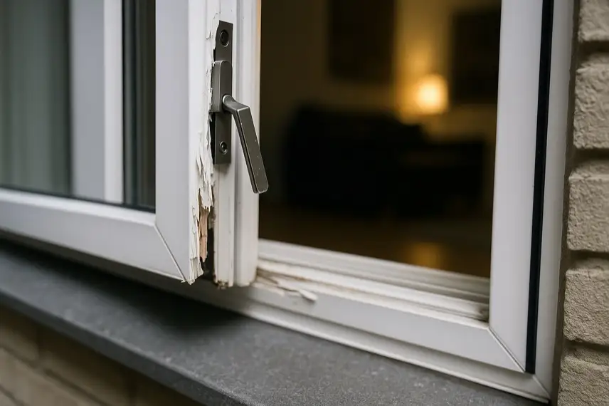 Beschädigte Wohnungstür in einem hellen Hausflur, angelehnt und mit sichtbaren Spuren am Türschloss, ohne Personen.