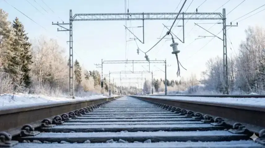 Winterliche Bahnstrecke mit Gleisen und herabhängender Oberleitungsstruktur ohne Menschen, hell ausgeleuchtet und als Symbolmotiv dargestellt.
