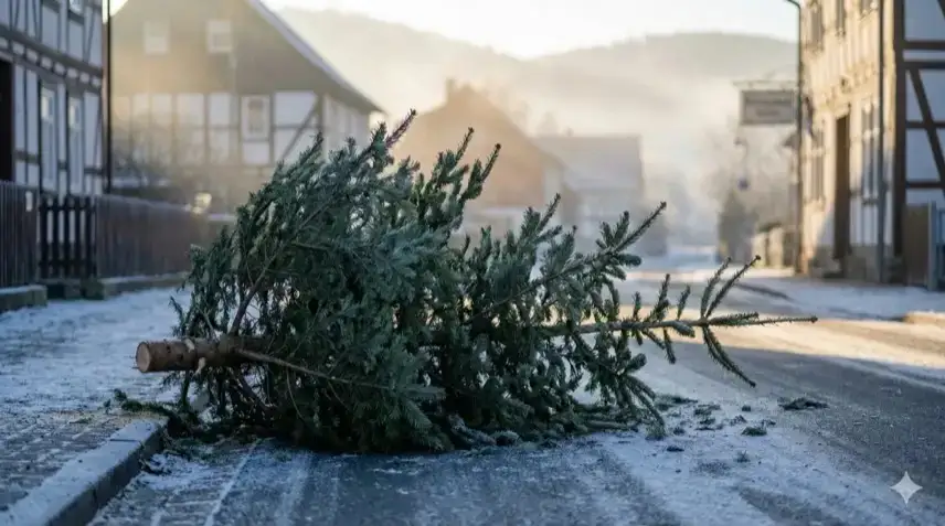Ein frisch gefällter Nordmanntannen-Weihnachtsbaum liegt quer auf einer winterlichen Dorfstraße, Spitze abgeknickt, Nadeln verstreut, menschenleere Szene im frühen Morgenlicht.