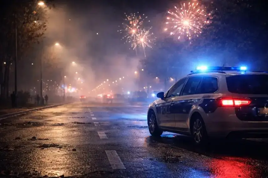 Nächtliche Straße mit Blaulicht-Reflexionen, Feuerwerksrauch und unscharfem Feuerwerk am Himmel während der Silvesternacht in Deutschland.