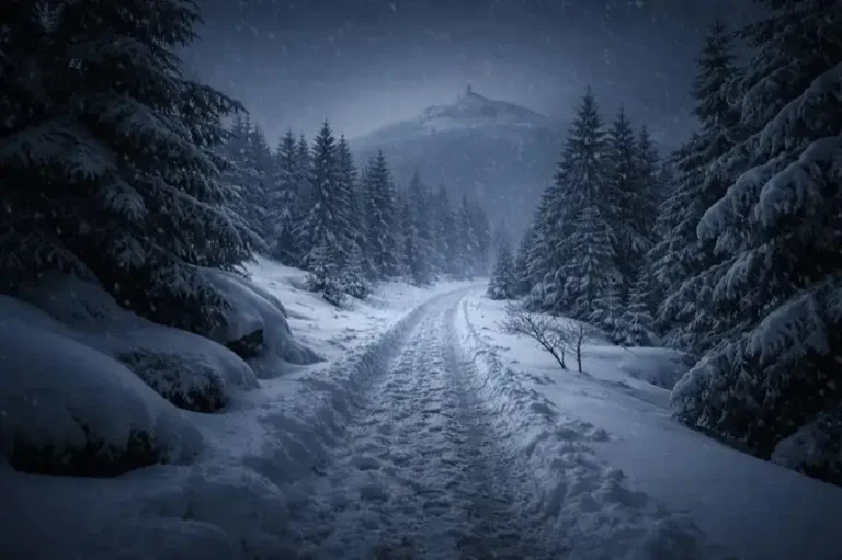 Verschneiter, vereister Weg am Brocken im Harz bei Nacht mit dichtem Schneefall und dunkler Bergsilhouette im Hintergrund