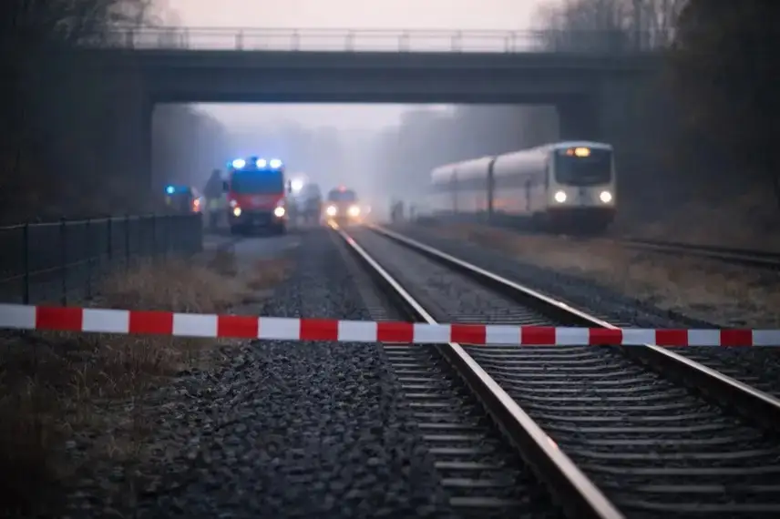 Gesperrte Bahnstrecke bei Aschersleben mit stillstehendem Zug und Einsatzfahrzeugen im Hintergrund nach einem tödlichen Unglück.