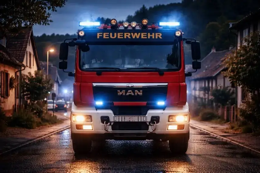 Frontal stehendes Feuerwehrauto auf einer Dorfstraße bei Dämmerung, Blaulicht eingeschaltet, nasse Fahrbahn und Wohnhäuser im Hintergrund
