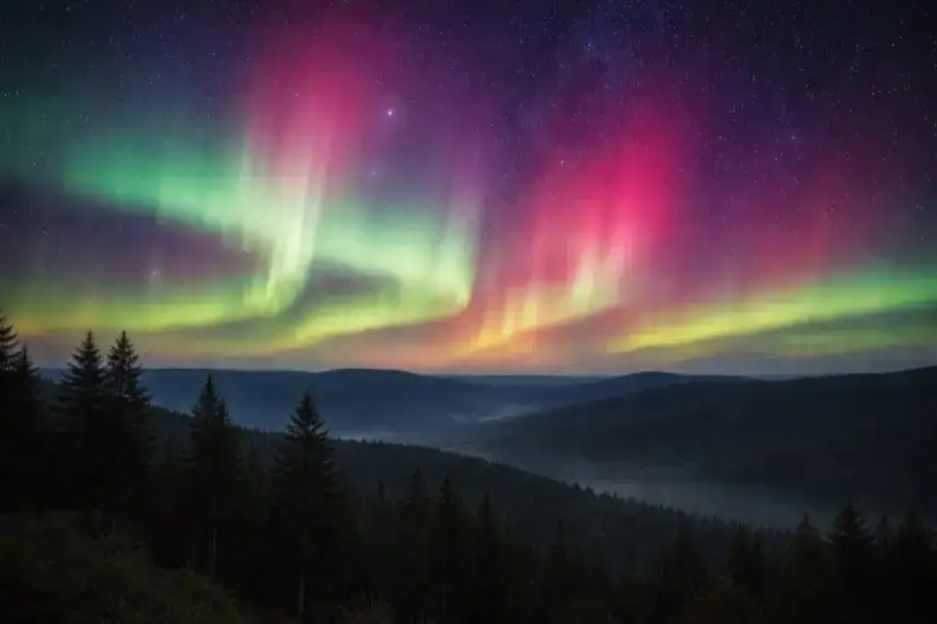 Grünliche Polarlichter am klaren Nachthimmel über dunklen Höhenzügen und Tannen einer Mittelgebirgslandschaft im Harz.