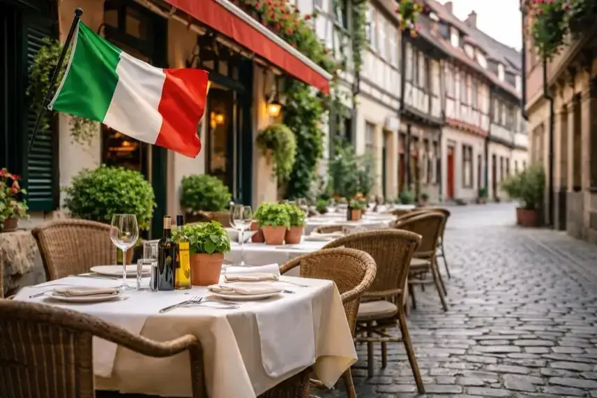 Italienisches Restaurant in der Altstadt von Wernigerode mit gedeckten Tischen, Fachwerkhäusern und mediterraner Atmosphäre bei Tageslicht.