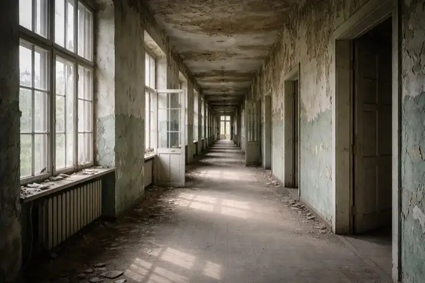 Leerer Flur in der ehemaligen Heilstätte Harzgerode mit Tageslicht, offenen Türen und bröckelnden Wänden, ein typischer Lostplace im Harz.