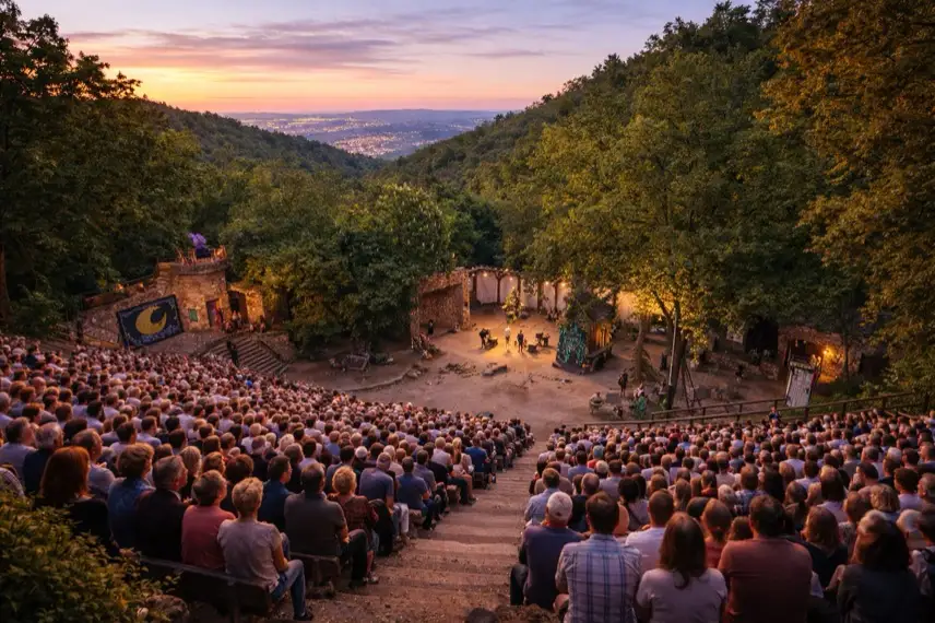 Freilichtbühne des Harzer Bergtheaters in Thale mit Sitzreihen und beleuchteter Bühne vor bewaldeter Harzlandschaft am Abend.