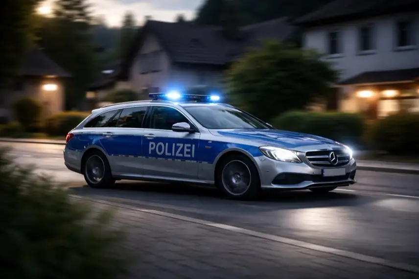Fahrendes Polizeiauto mit Blaulicht auf nächtlicher Dorfstraße, Bewegungsunschärfe im Hintergrund