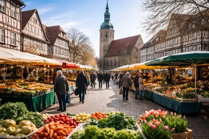Wochenmarkt auf dem Kornmarkt in Osterode im Harz mit Marktständen, Menschen und historischen Fachwerkhäusern in der Altstadt.