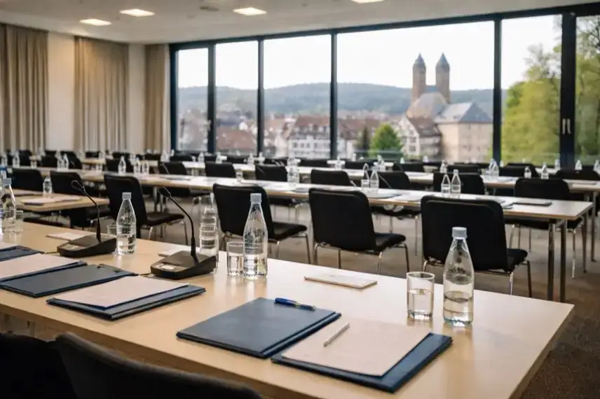 Vorbereiteter Konferenzraum mit Tischen und Stühlen für eine Fachtagung zur Verkehrssicherheit in Goslar