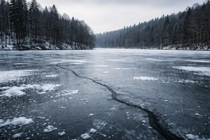 Zugefrorener Teich im Harz mit dünner Eisdecke, Schneeresten und kahlem Winterwald im Hintergrund