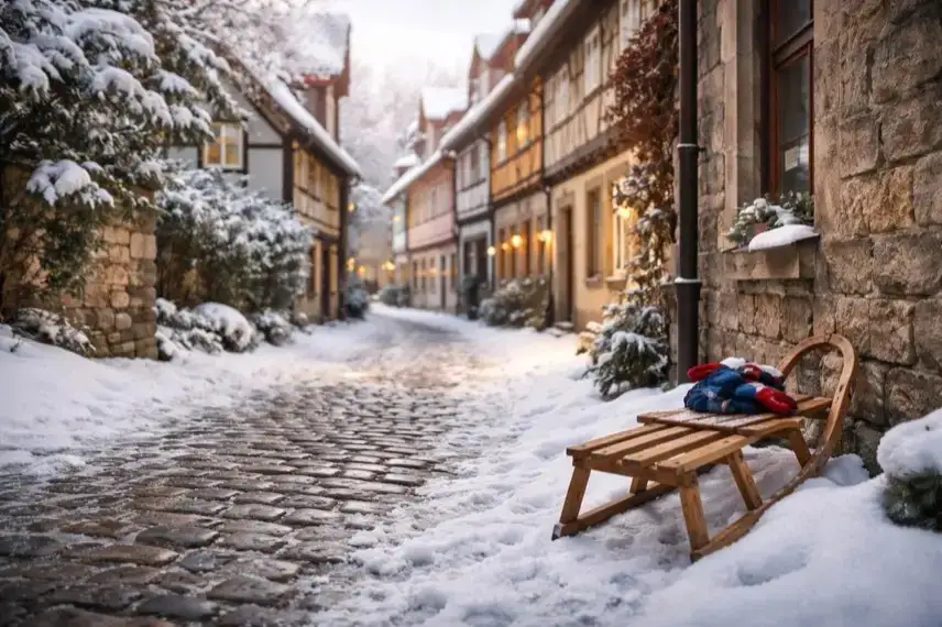 Winterliche Altstadtgasse in Quedlinburg im Harz mit Schnee, Fachwerkhäusern und einem Schlitten als Hinweis auf Winterferienangebote
