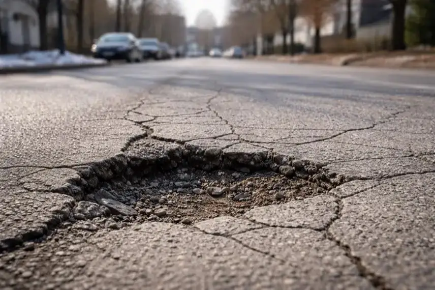 Aufgebrochener Asphalt mit tiefem Schlagloch und Rissen auf einer Straße in Osterode am Harz nach winterlichem Frostschaden.