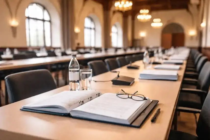 Heller Konferenzraum mit Tischen, Stühlen und Aktenmappen in historischer Umgebung in Goslar während des Deutschen Verkehrsgerichtstags