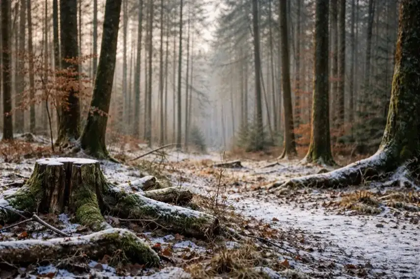 Winterlicher Mischwald im Harz mit Laubbäumen, Totholz und Waldboden als typischer Lebensraum der Europäischen Wildkatze