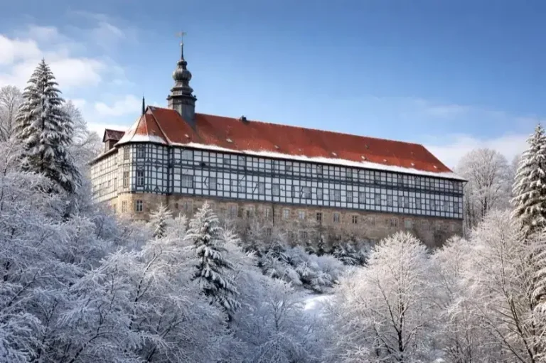 Eingerüstete Fachwerkfassade von Schloss Herzberg am Harz mit Baugerüsten und saniertem Dach bei Tageslicht.