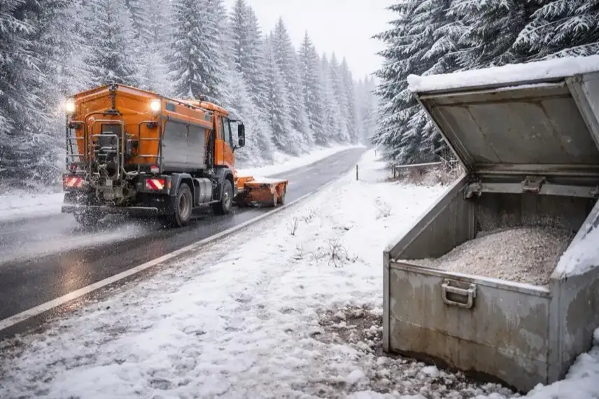 Winterliche Straße im Harz mit Räumfahrzeug und teilweise gefülltem Streusalz-Silo bei Schnee und Frost