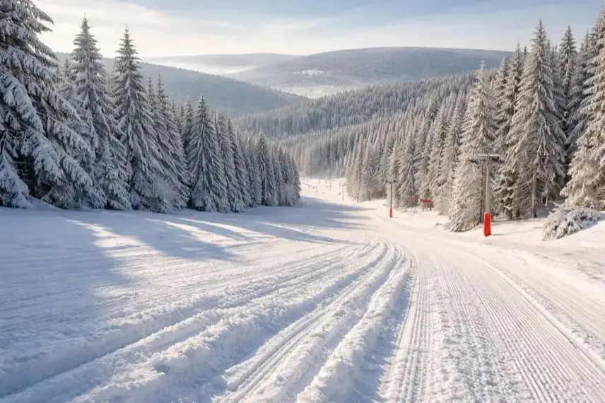Verschneite Skipiste im Harz mit präparierter Schneedecke, Rodelspuren und winterlichem Wald in Mittelgebirgslage