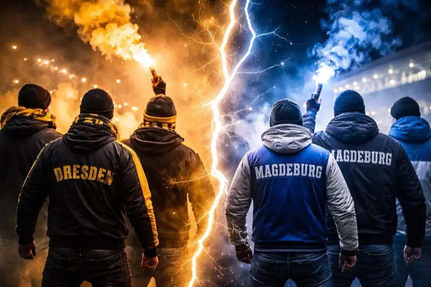 Sechs Fußballfans von hinten, links und rechts getrennt, stehen nachts vor einem Stadion, in der Mitte teilt ein Blitzmotiv die beiden Gruppen.