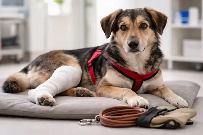 Rettungshündin mit bandagiertem Hinterbein liegt auf einer gepolsterten Unterlage, daneben Leine und Handschuhe in neutraler Umgebung.