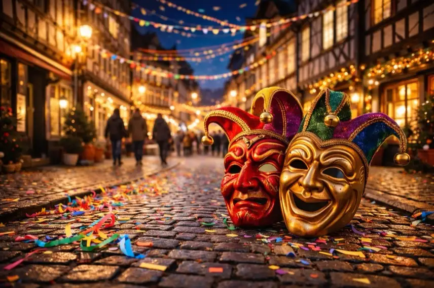 Beleuchtete Fachwerkhäuser in Wernigerode mit Konfetti auf Kopfsteinpflaster während der Faschingszeit im Harz