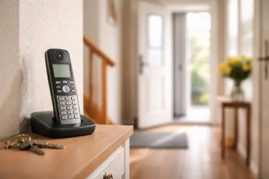 Festnetztelefon auf einem Tisch im Eingangsbereich eines Wohnhauses, symbolisch für Telefonbetrug durch falsche Polizisten in Bad Harzburg.