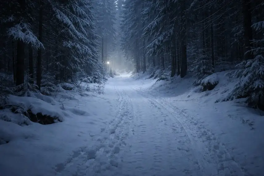Verschneiter Wanderweg bei Torfhaus im Harz in winterlicher Dunkelheit, Schnee bedeckt den Boden, Wald im Hintergrund