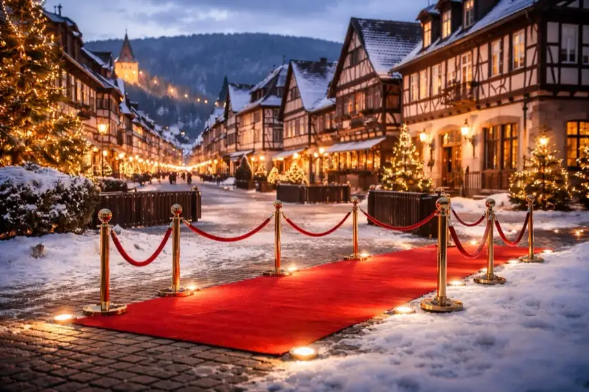 Winterliche Fachwerkhäuser in der Altstadt von Wernigerode im Harz bei Abendlicht, neutrale Veranstaltungsfläche im Vordergrund.