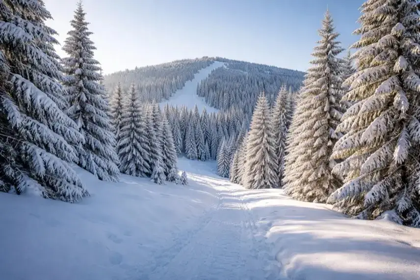 Verschneite Fichten und ein winterlicher Hang am Bocksberg bei Hahnenklee im Harz mit geschlossener Schneedecke