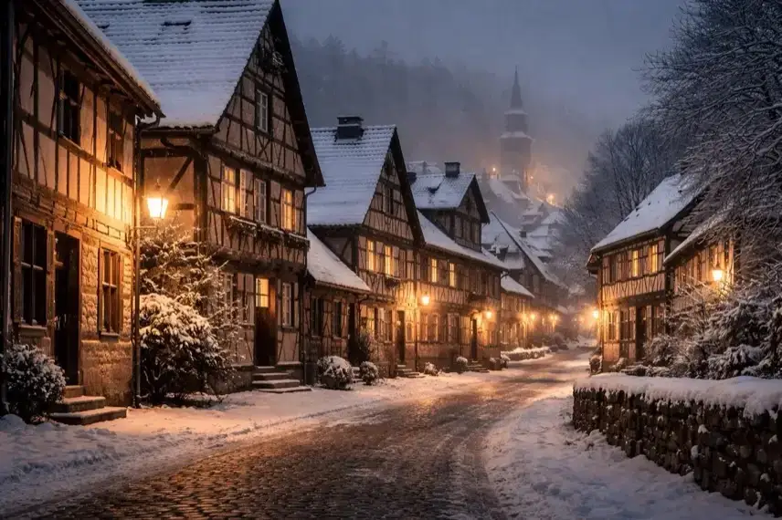 Winterliche Altstadt im Harz bei Nacht mit schneebedeckten Fachwerkhäusern, leerer Gasse, warmem Licht und leichtem Nebel
