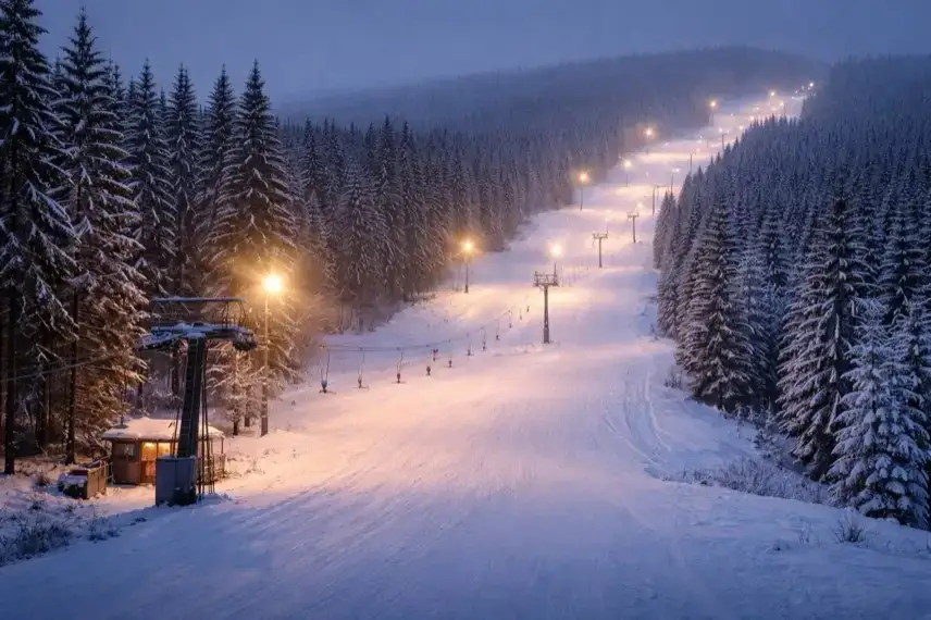 Beleuchteter Schlepplift am Hexenritt auf schneebedeckter Piste am Wurmberg im Harz bei winterlicher Dämmerung