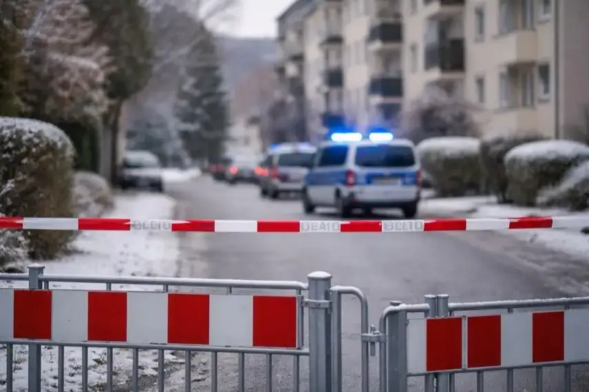 Abgesperrte Wohnstraße mit Polizeisperrband und Blaulicht vor einem Mehrfamilienhaus in Bad Lauterberg nach SEK-Einsatz