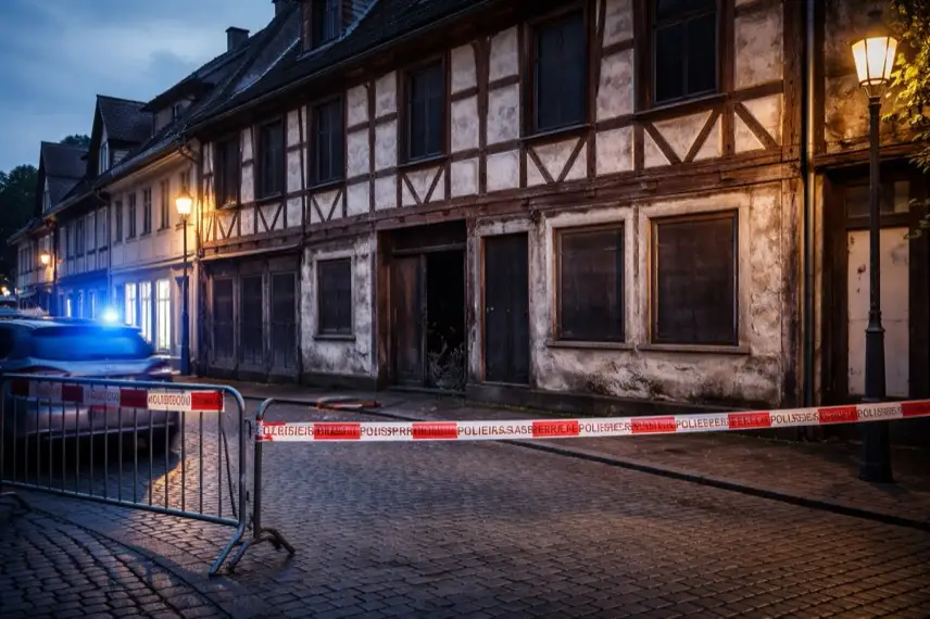 Leerstehendes Fachwerkhaus in einer Innenstadt bei Dämmerung mit leichtem Blaulicht, Symbol für Ermittlungen zu einer Cannabis-Plantage in Bad Lauterberg.