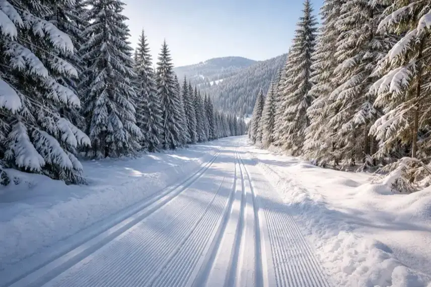 Verschneite Langlaufloipe im Harz mit frisch gespurten Ski-Langlauf-Spuren durch einen winterlichen Fichtenwald.
